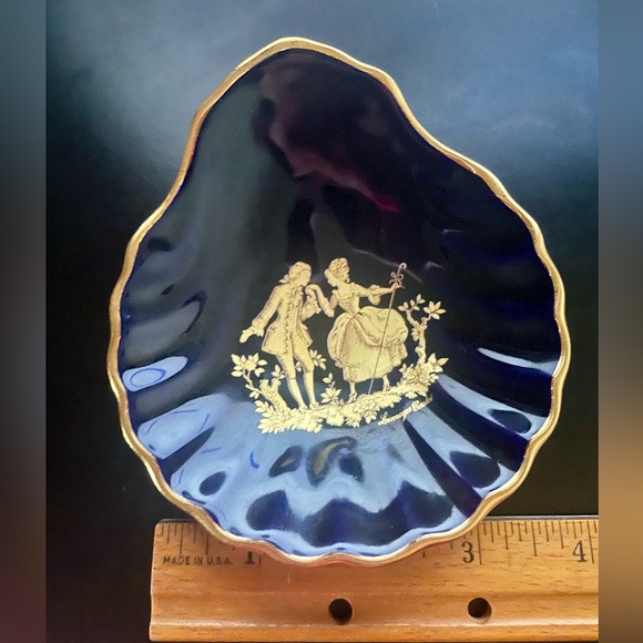 Vintage Limoges Castel France Cobalt Blue 22K Gold Courting Trinket Dish - Picture 7 of 8